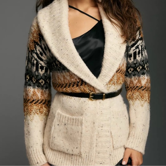 NWT Anthropologie Holiday Fairisle open Front Shawl Collar Cardigan Sz L NWT - Picture 4 of 16
